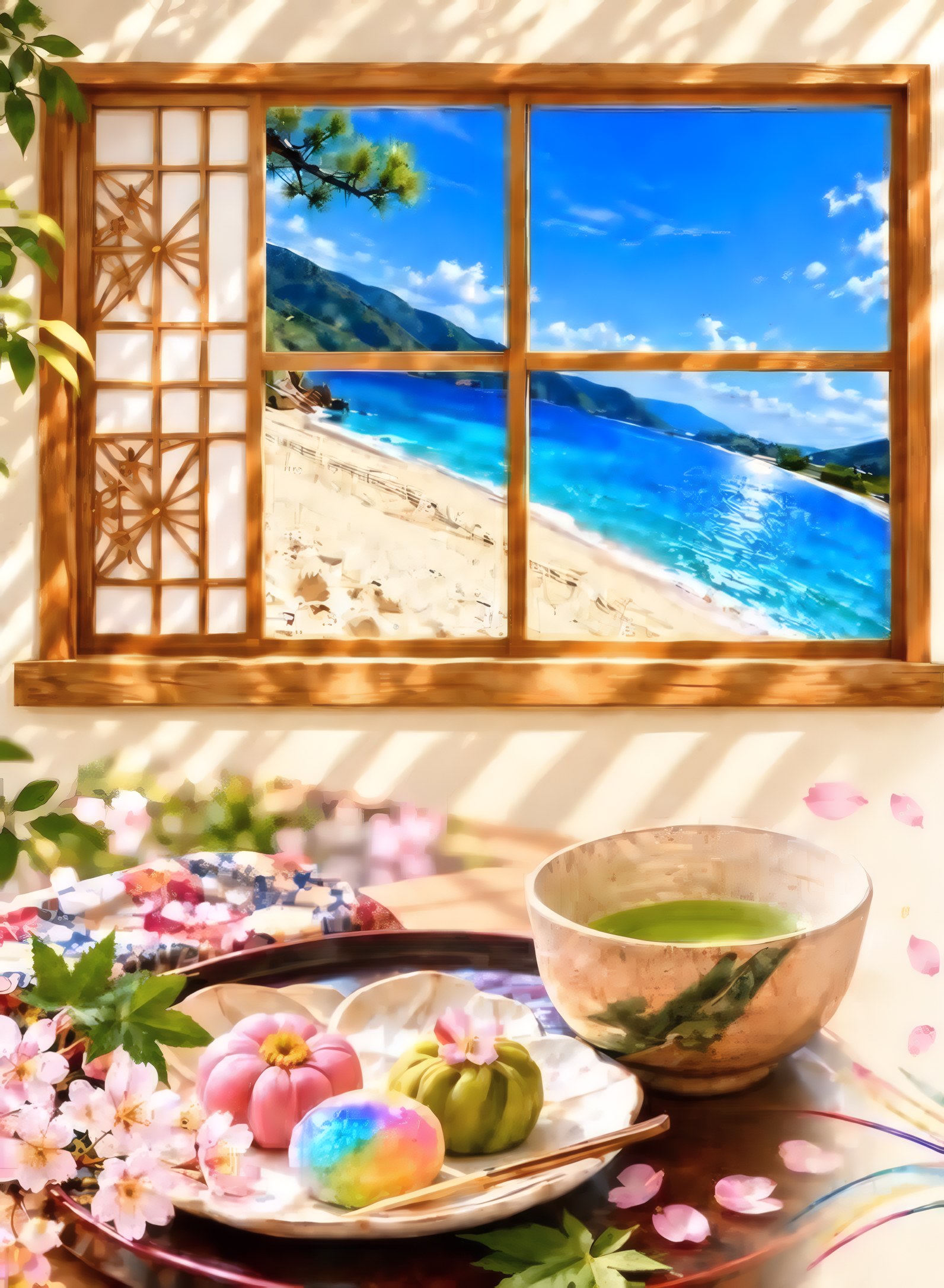 和風の窓から見える瀬戸内の海と、机の上のお茶とお茶菓子